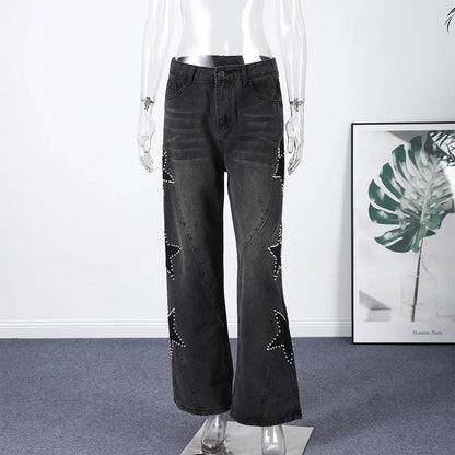 Fashion Women's Diamond Star Blue Jeans High Waist Pockets Zipper Wide Leg Denim Pant 2026 Spring Lady Street All-match Trouser 8