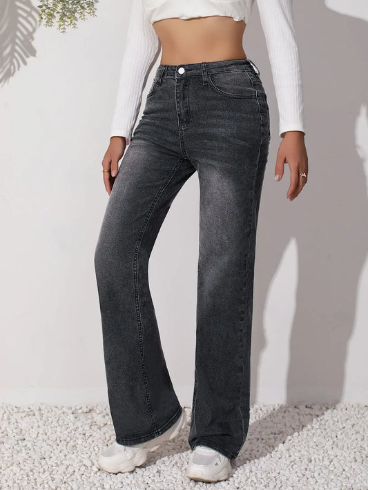 Fashion Y2k Jeans For Woman Black Stretch Straight Leg Trousers Vintage High Waist Denim Pants Comfort Fit 0