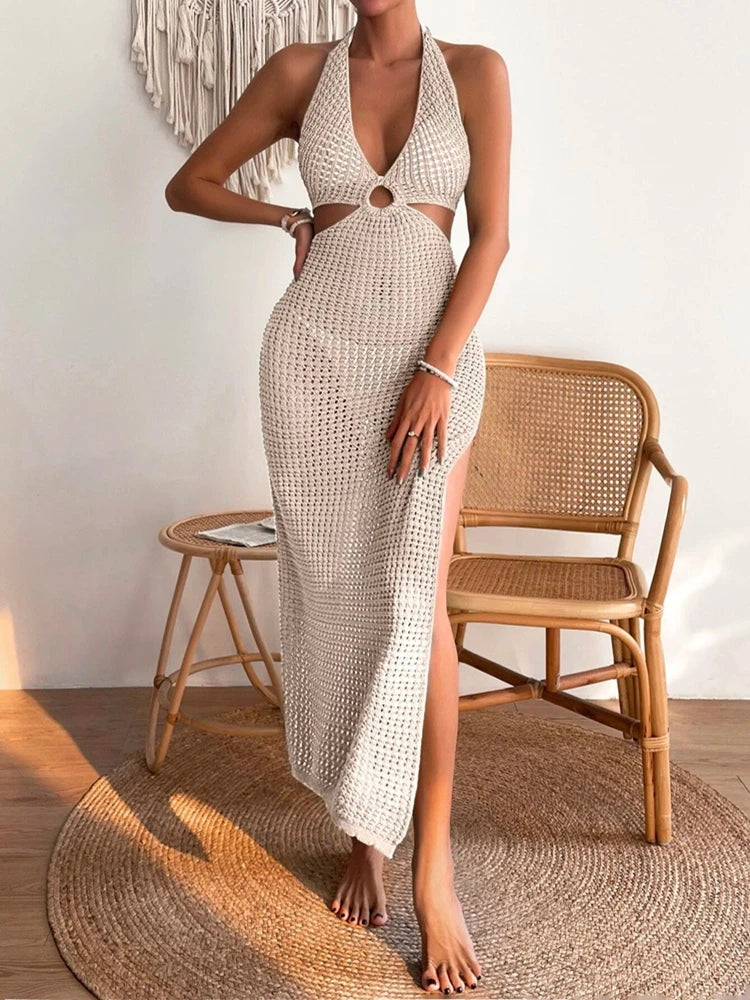 Fashionable and Elegant Woolen Dress Women's Bikini Blocked Solid Round Neck Hollow Skirt 2