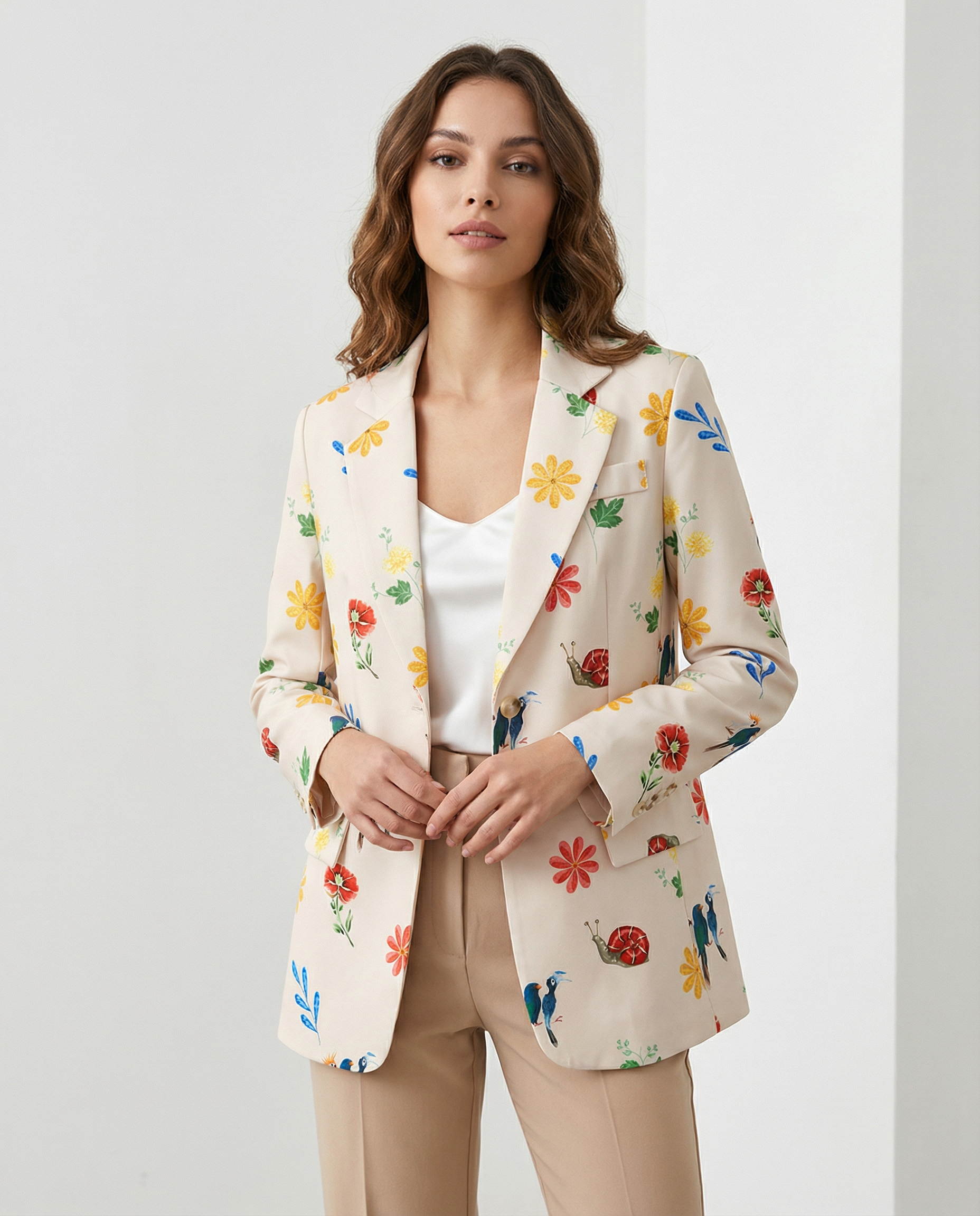 Floral Blazer – Charming Bird Print for Casual Elegance 0