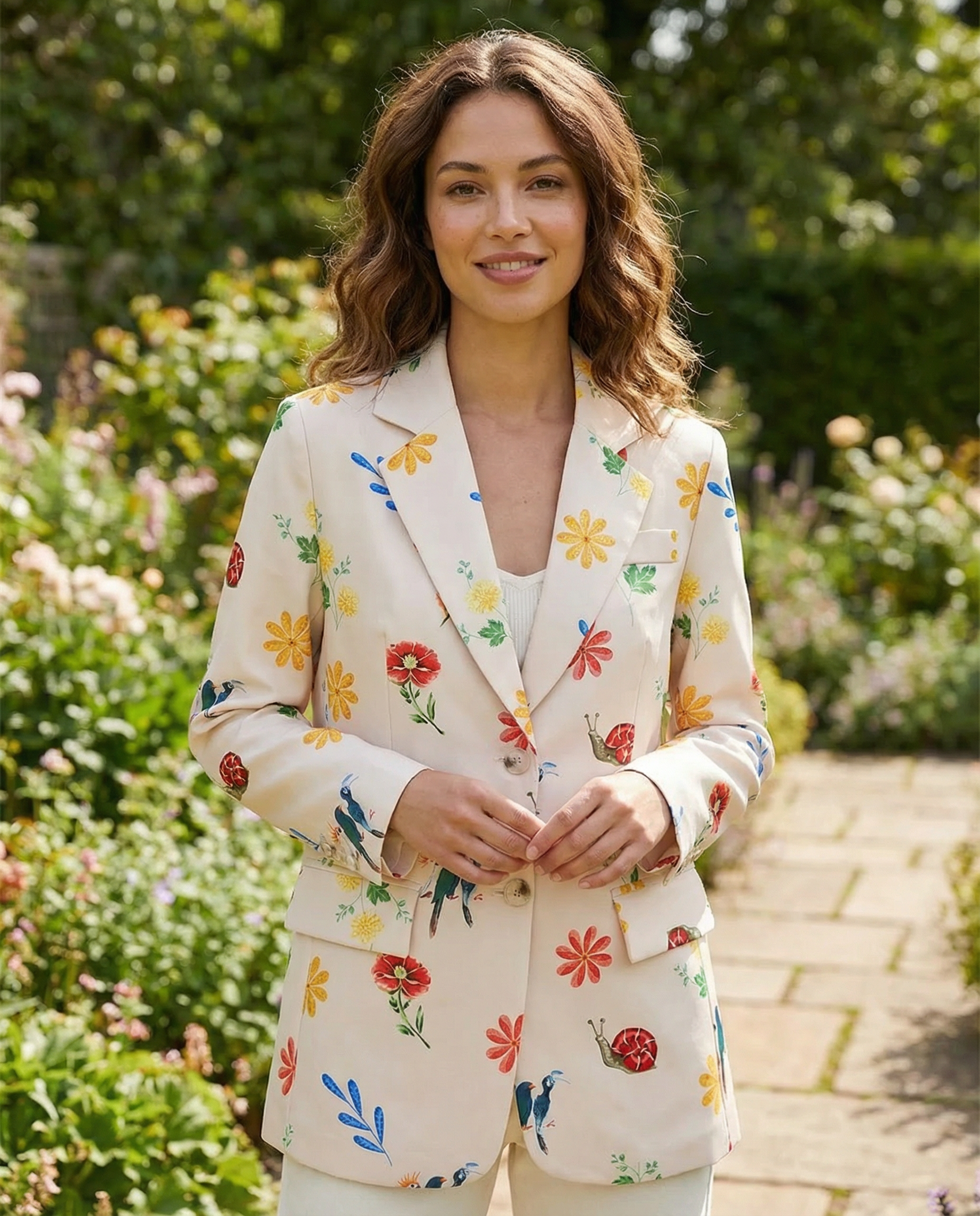 Floral Blazer – Charming Bird Print for Casual Elegance 3