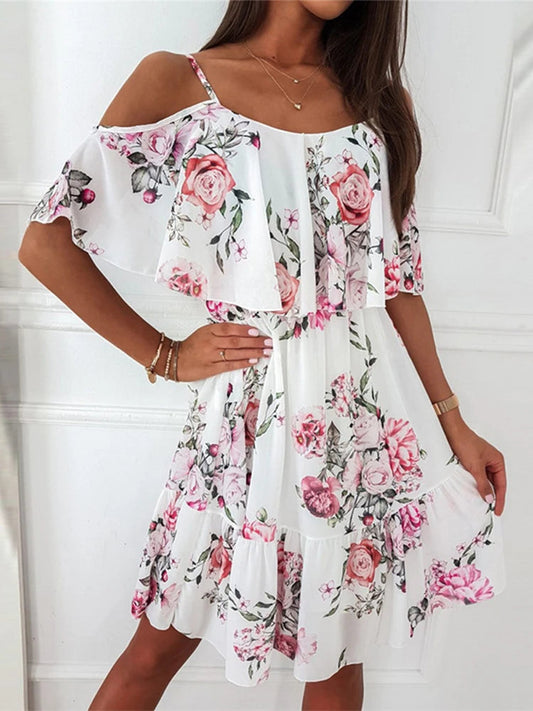 Floral Chiffon Mini Dress – Elegant Off-Shoulder Summer Style 0