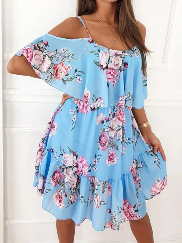 Floral Chiffon Mini Dress – Elegant Off-Shoulder Summer Style 3