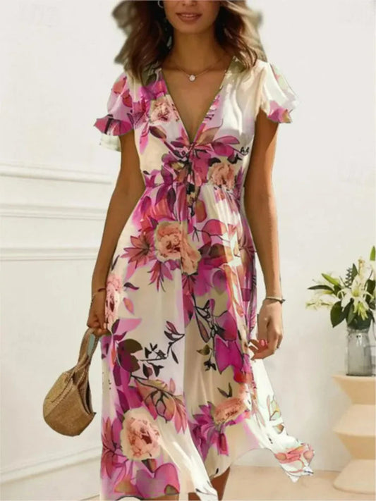 Floral Print Midi Dress – Chic Lace-Up Deep V Neck Summer Style 0