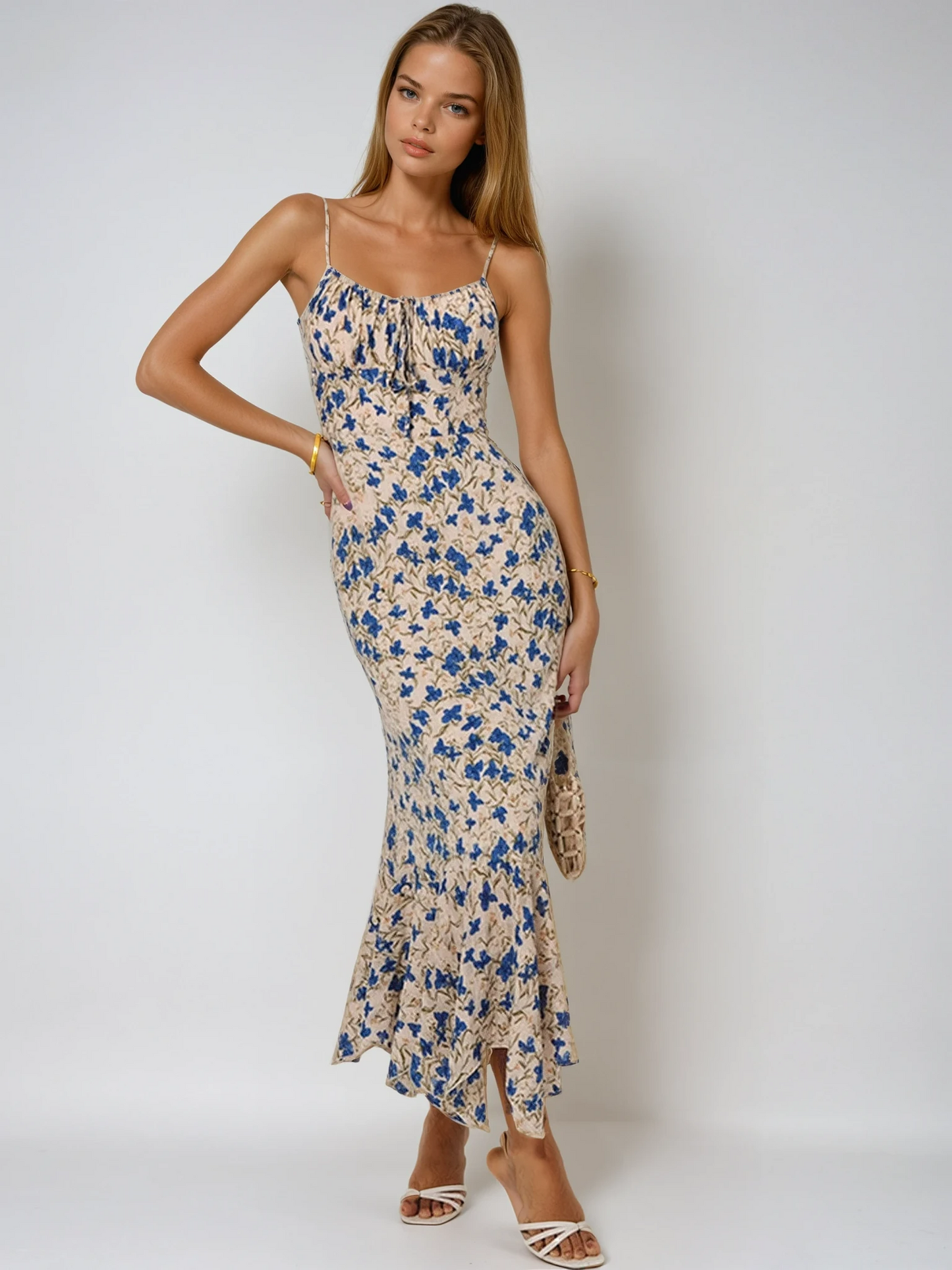 Floral Spaghetti Strap Maxi Dress with Ruched Front 0