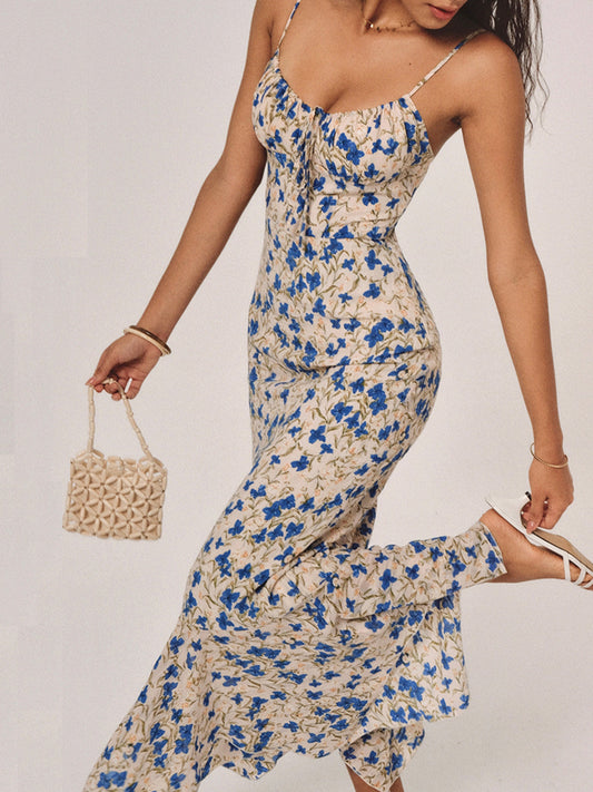Floral Spaghetti Strap Maxi Dress with Ruched Front 1
