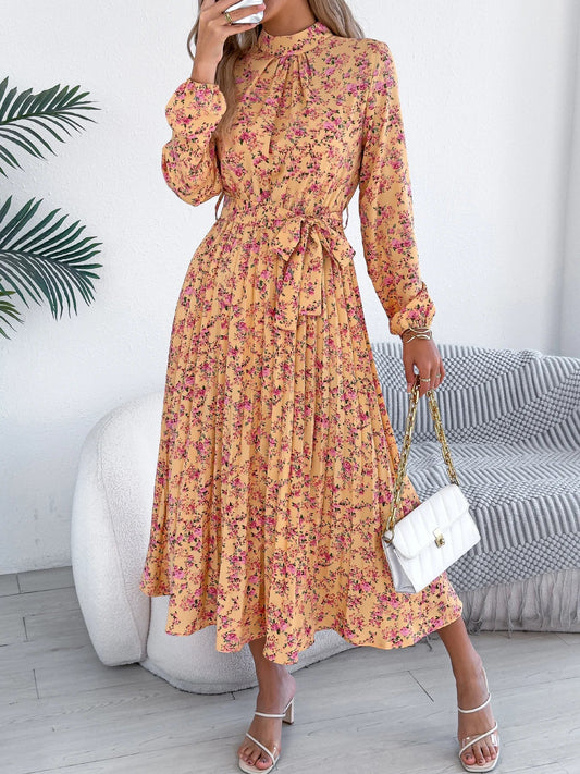 Floral Stand-Up Collar Dress – Elegant Long Sleeve Formal Outfit 0