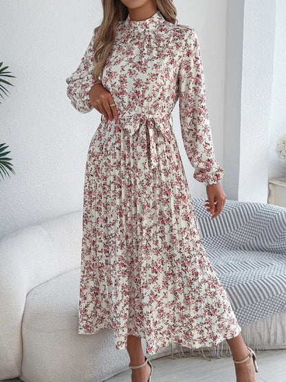 Floral Stand-Up Collar Dress – Elegant Long Sleeve Formal Outfit 1