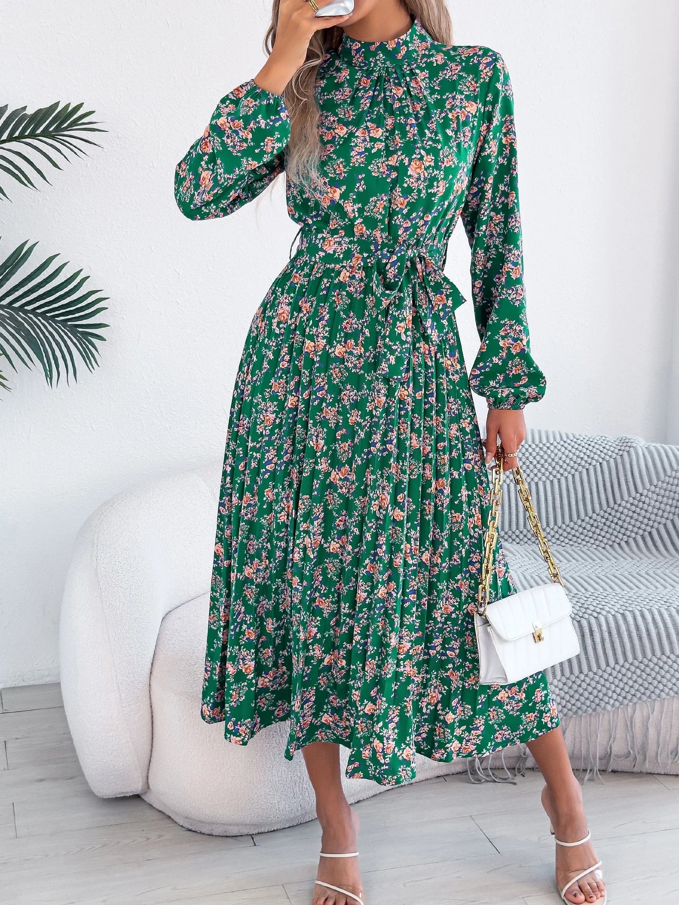 Floral Stand-Up Collar Dress – Elegant Long Sleeve Formal Outfit 4