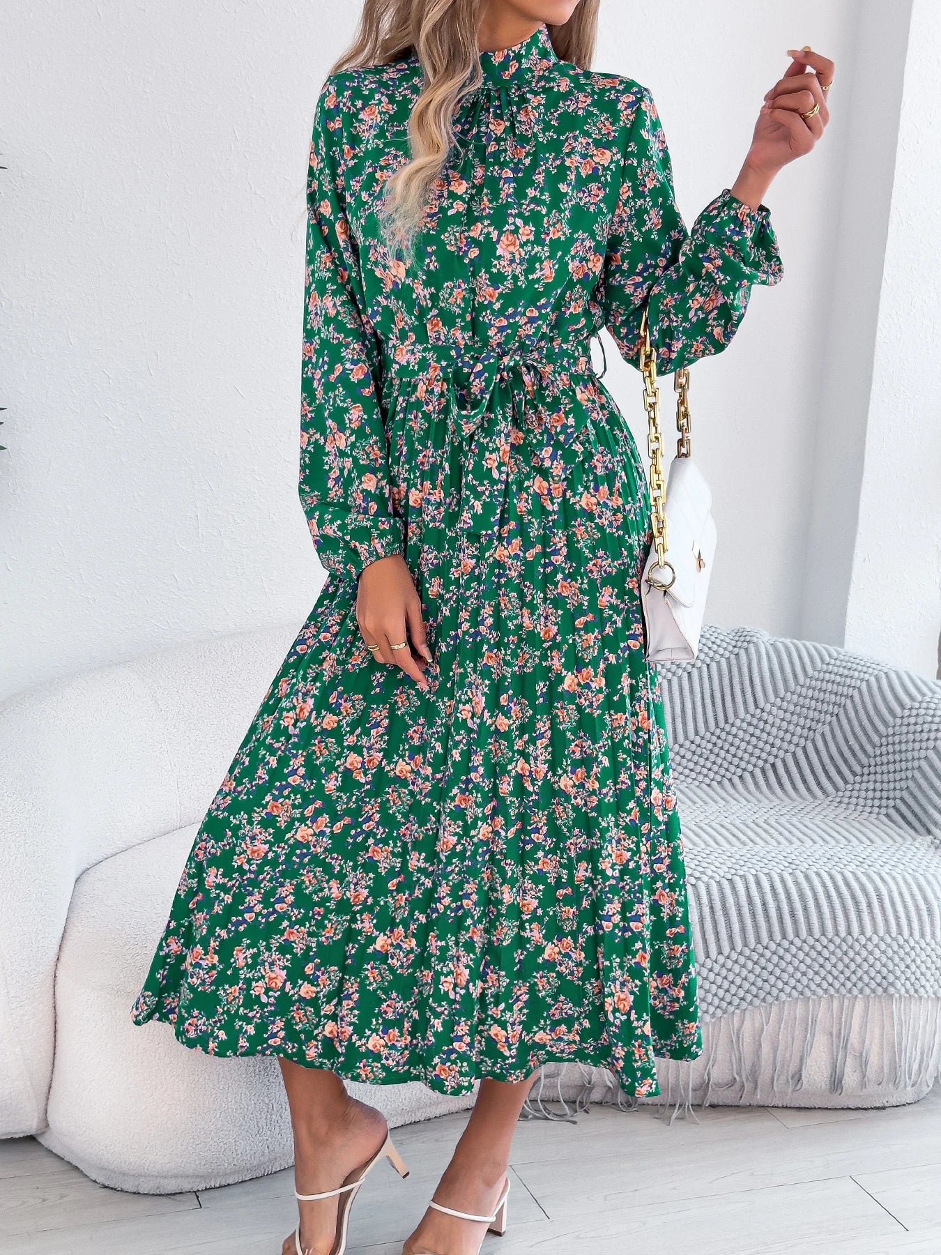 Floral Stand-Up Collar Dress – Elegant Long Sleeve Formal Outfit 5