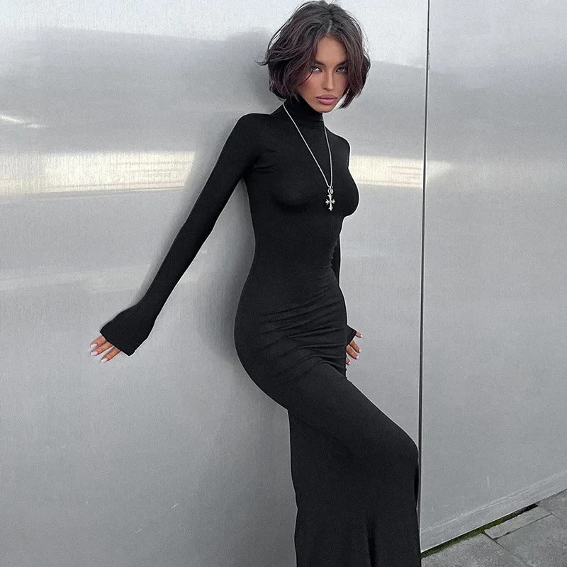 Formal Black Evening Long‑Sleeve Turtleneck Maxi Dress 2