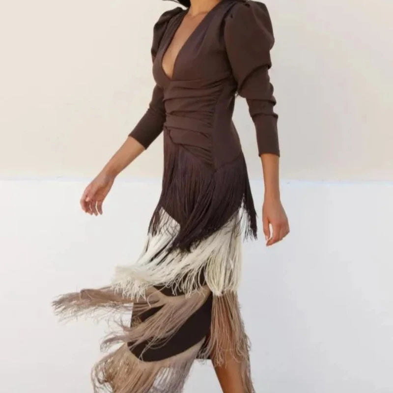 Fringe Detail Maxi Dress – Elegant Statement Occasion Dress for Women 0