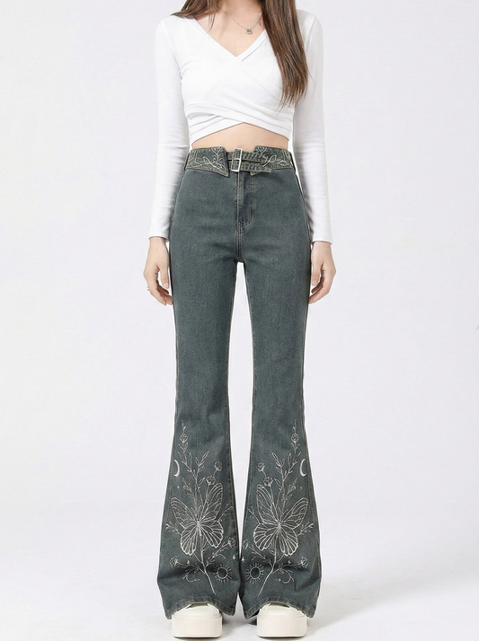 Women's High-Waisted Embroidered Flare Jeans