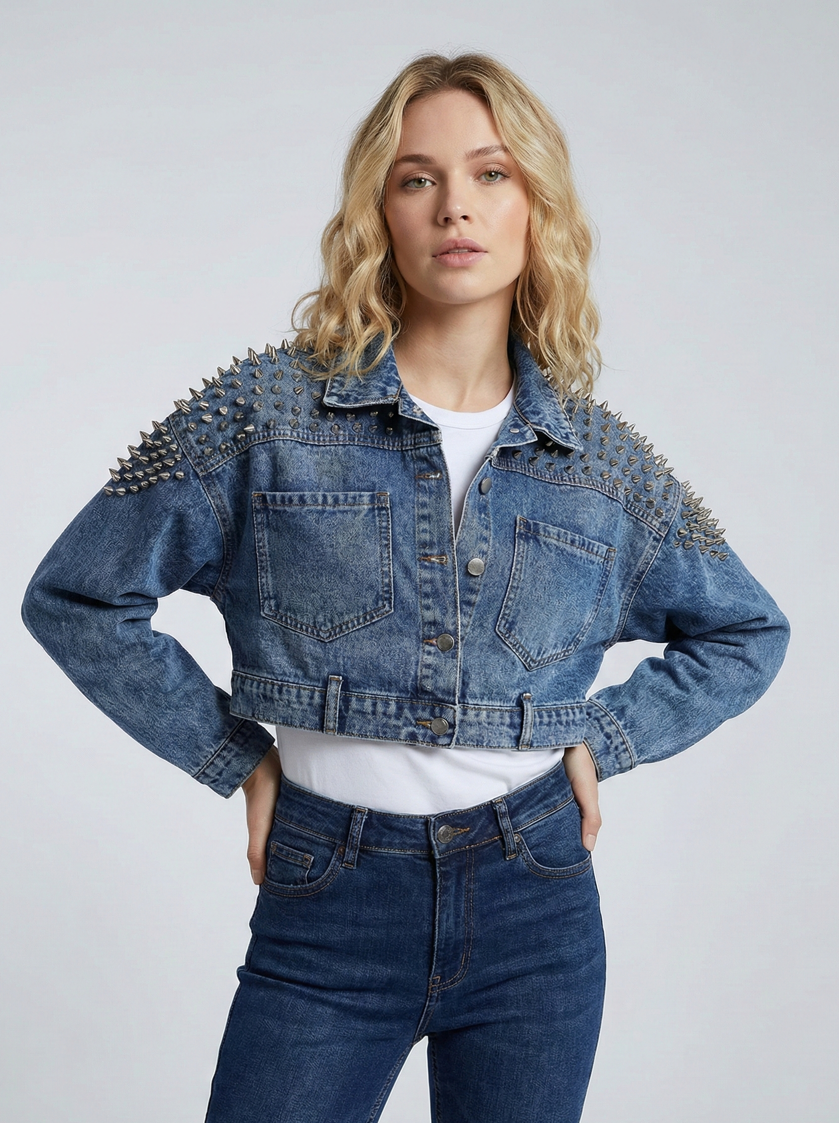 Studded Cropped Denim Jacket with Statement Shoulder Detail