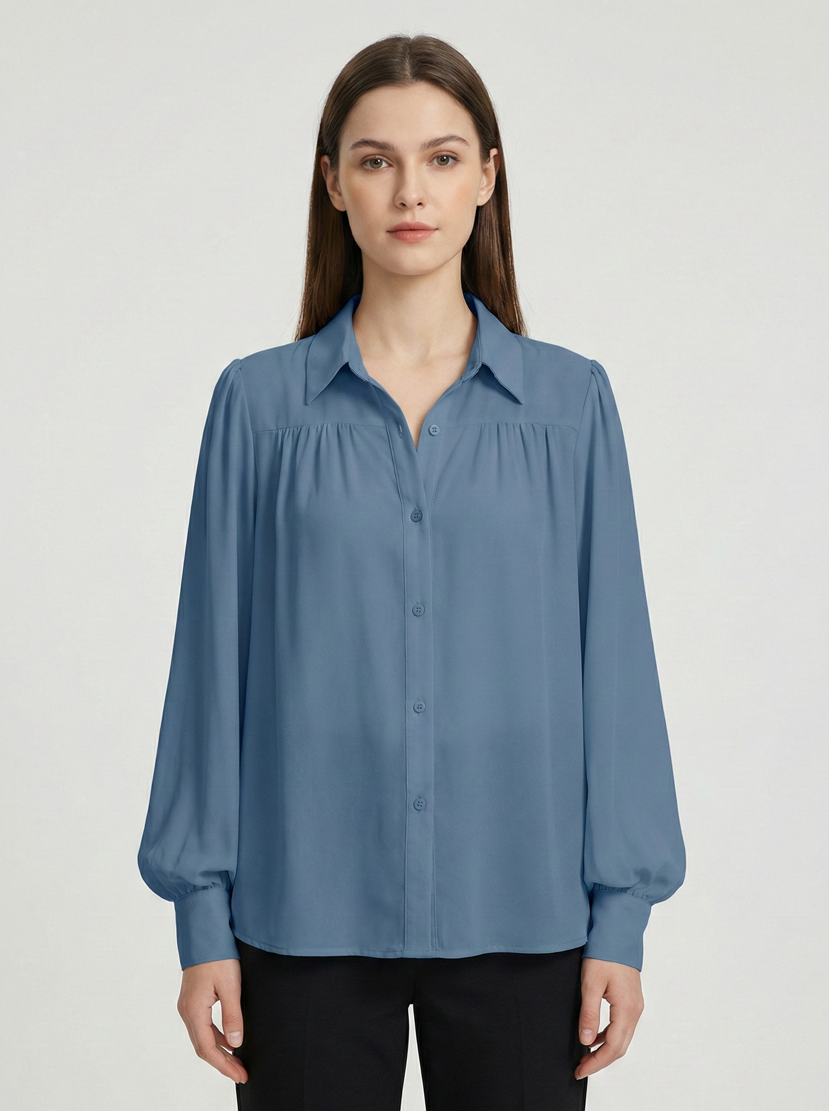 Women’s Elegant Button-Up Blouse with Soft Gathered Front and Voluminous Long Sleeves