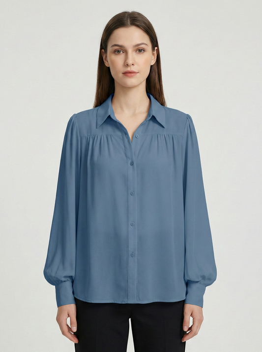Women's Elegant Button-Up Blouse with Soft Gathered Front and Voluminous Long Sleeves