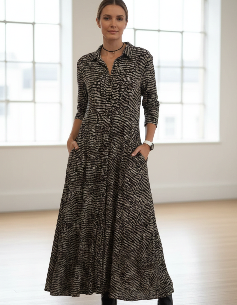 Patterned Maxi Shirt Dress With V Neck Front