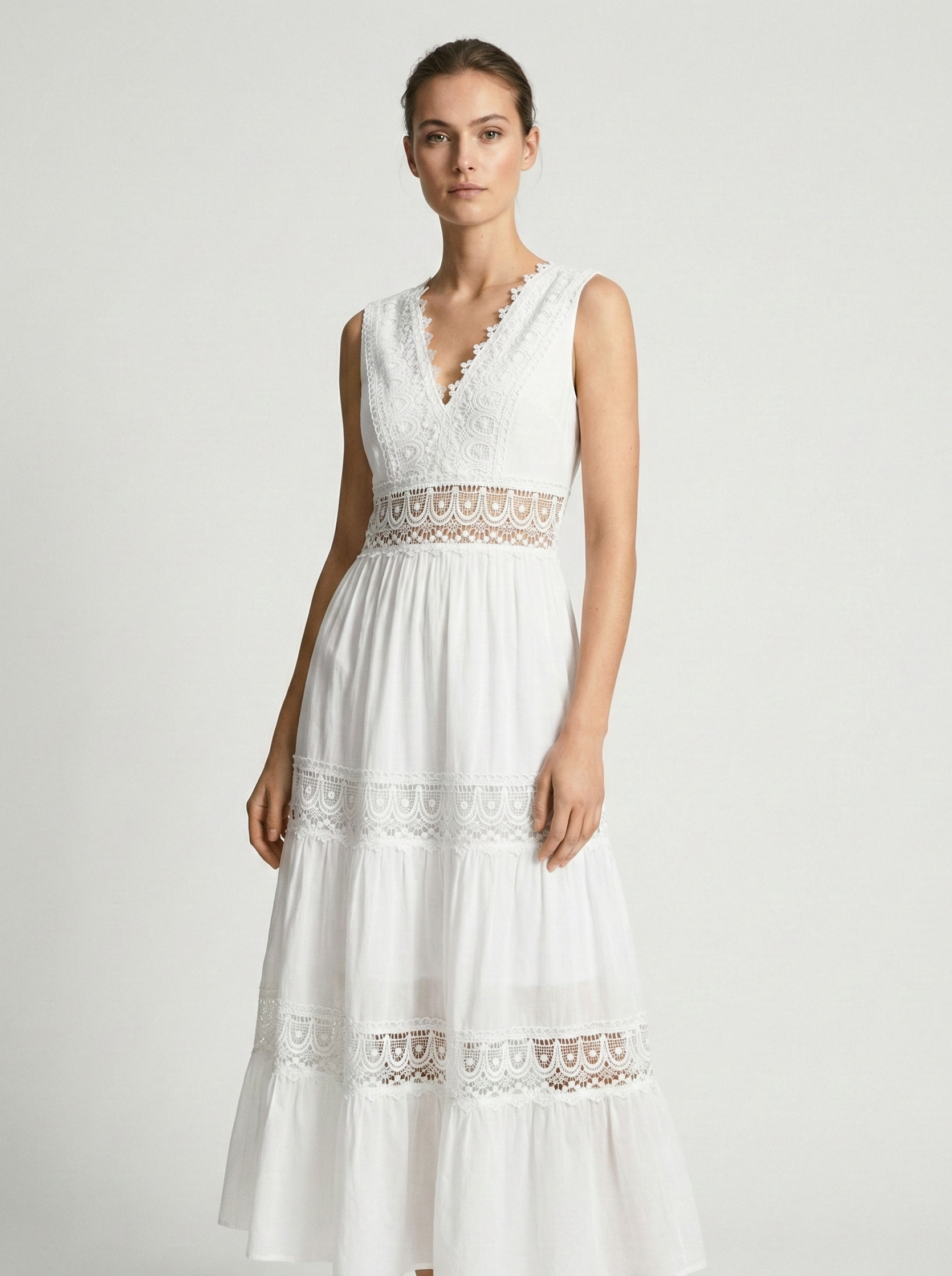 Chic Airy White Summer Midi Dress With Lace V Neck