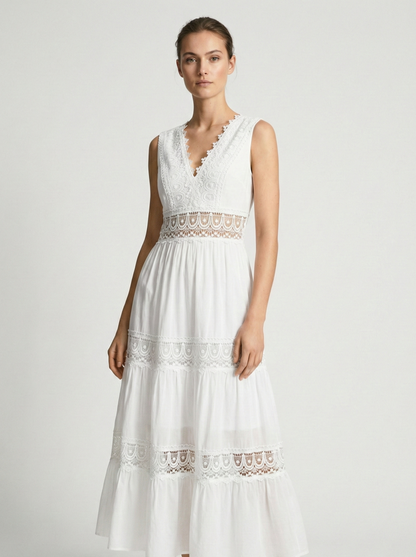 Chic Airy White Summer Midi Dress With Lace V Neck