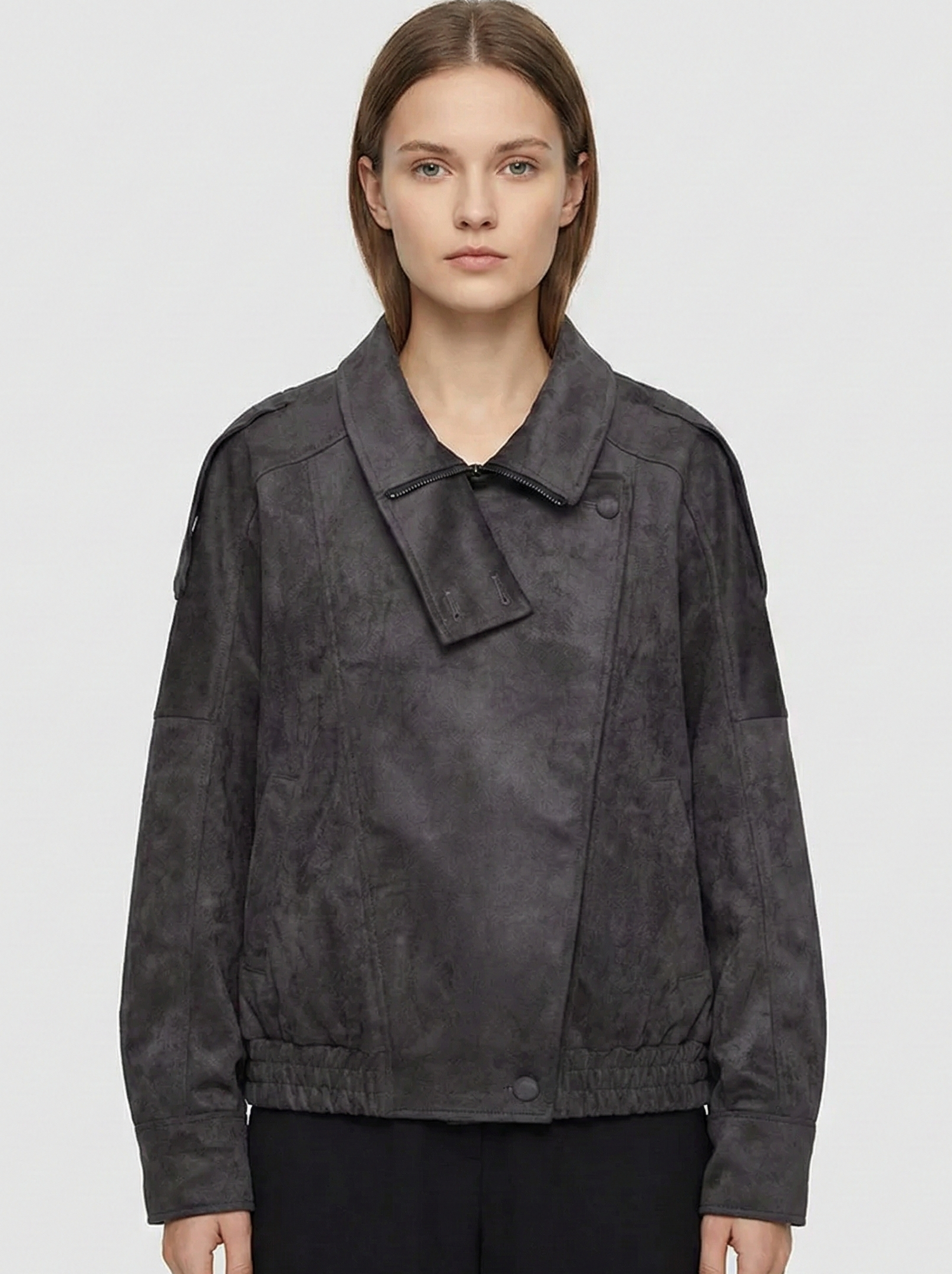 Faux Suede Bomber Jacket with Modern Utility Fit