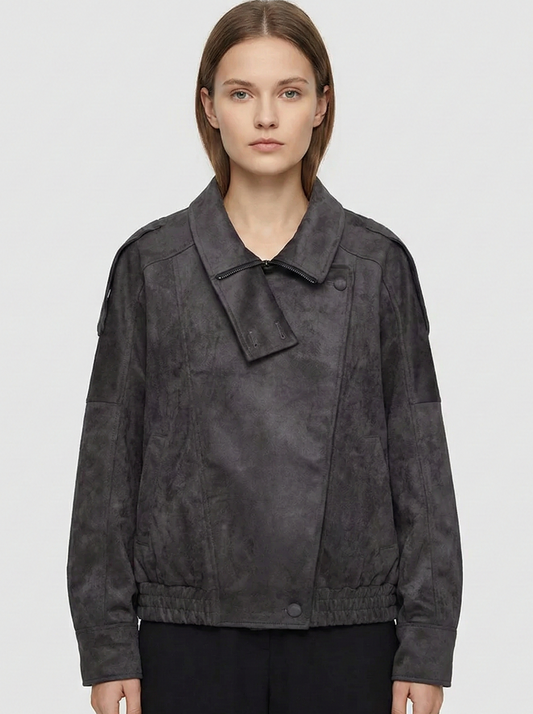 Faux Suede Bomber Jacket with Modern Utility Fit