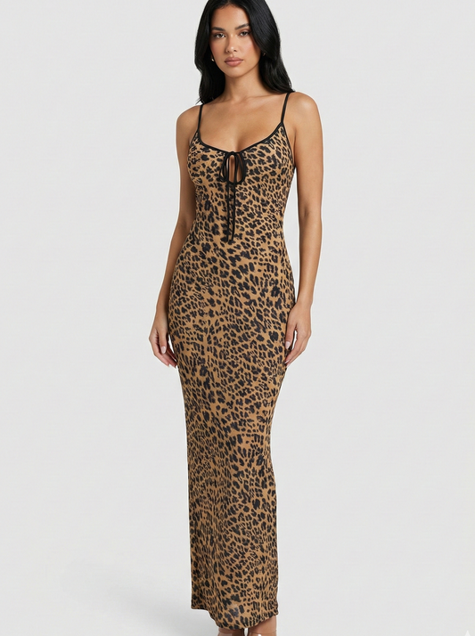 Leopard Print Maxi Dress With Open Back Straps