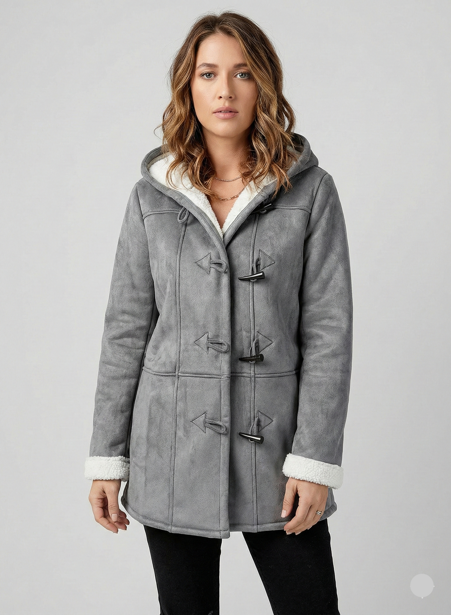 Women's Hooded Faux Suede Shearling Toggle Coat