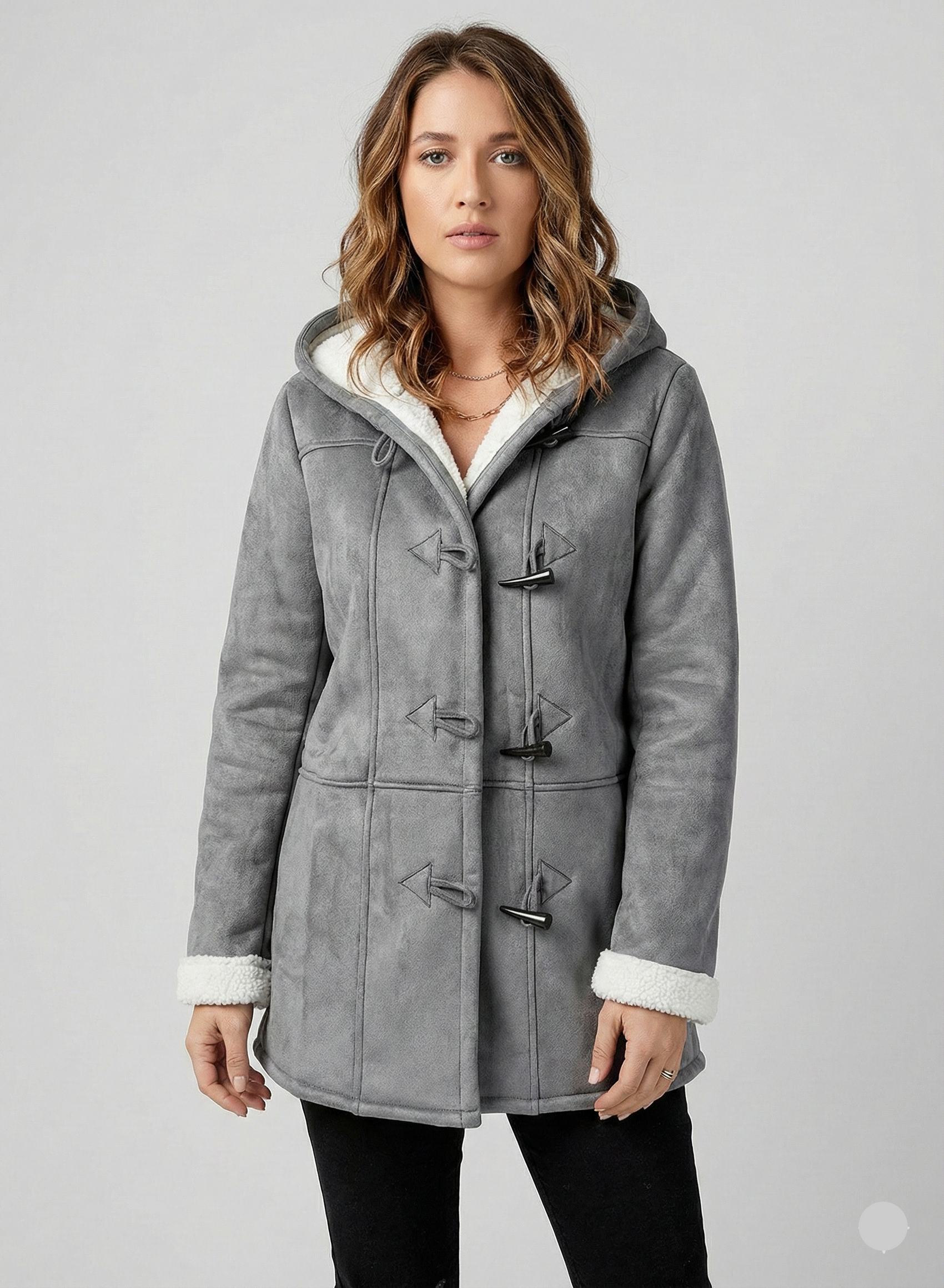 Women's Hooded Faux Suede Shearling Toggle Coat