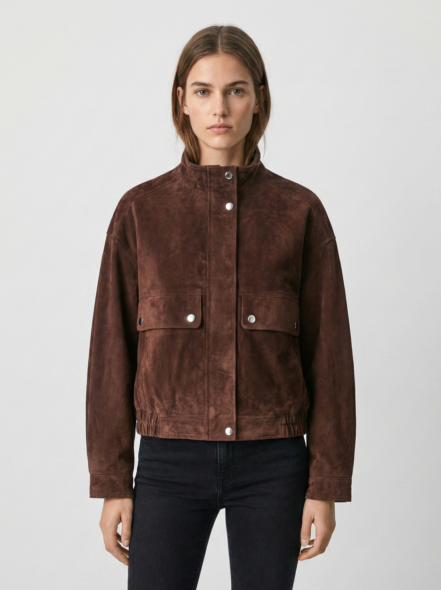 Short Jacket in Suede-Look with Stand Collar and Defined Waist