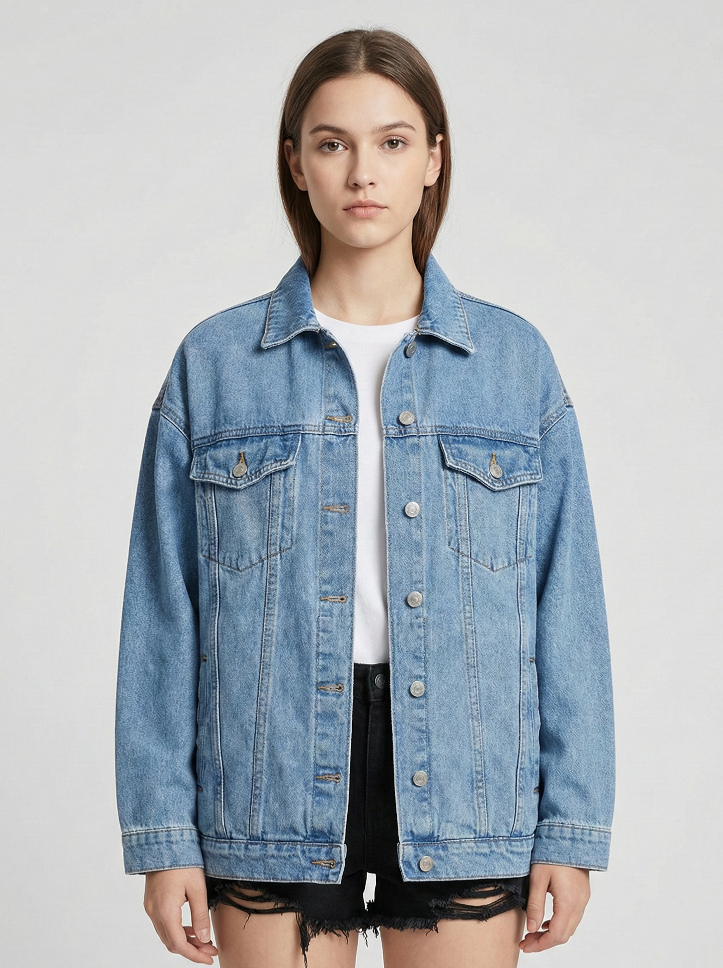 Giacca Oversize in Denim con Design Classico a Bottoni