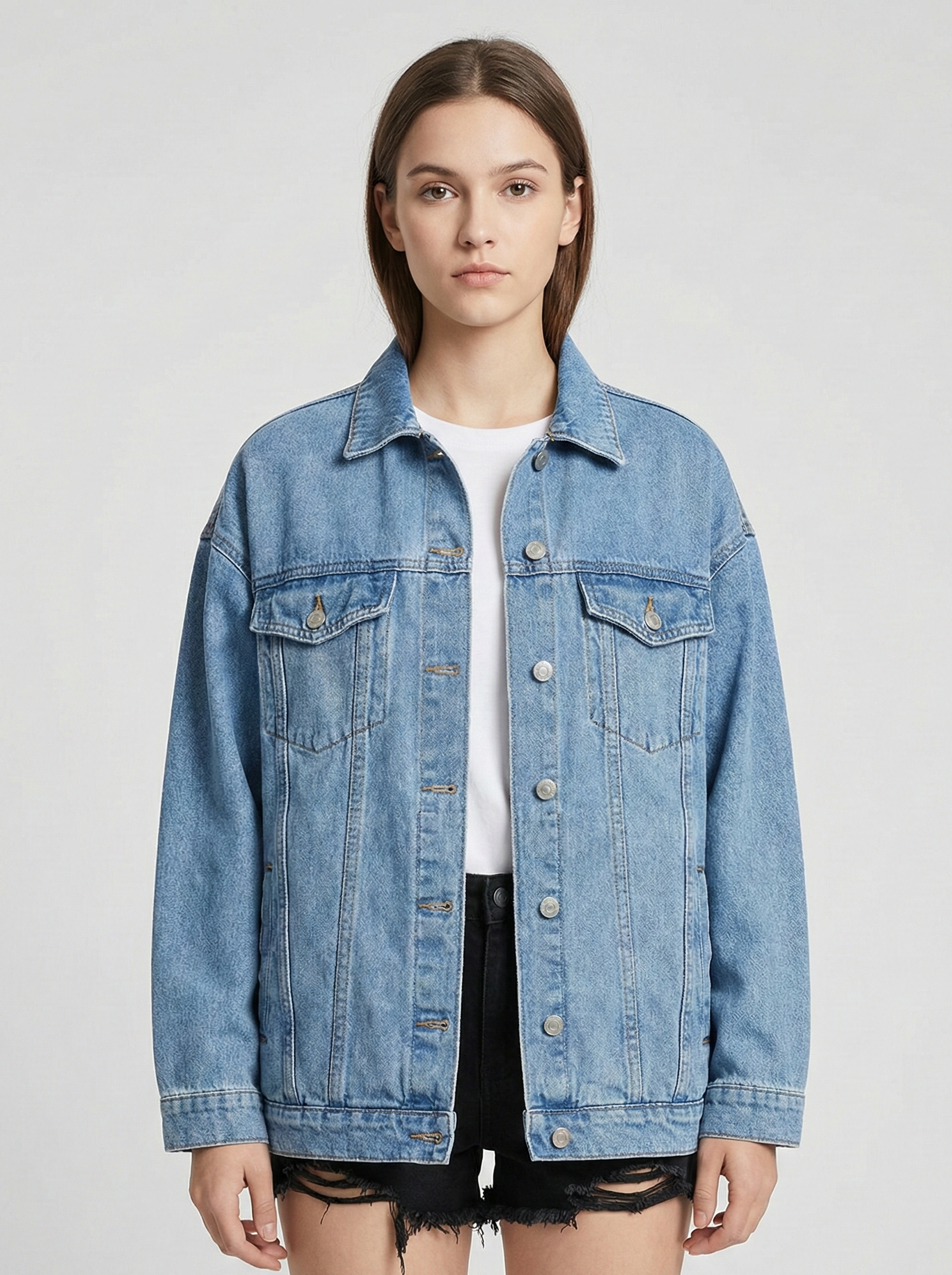 Oversized Denim Jacket with Classic Button-Front Design