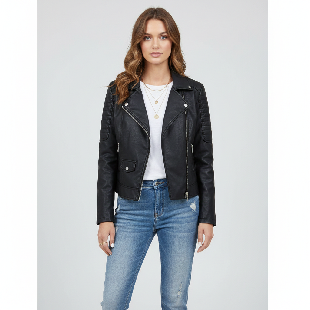 Faux Leather Biker Jacket Zip Details For Women