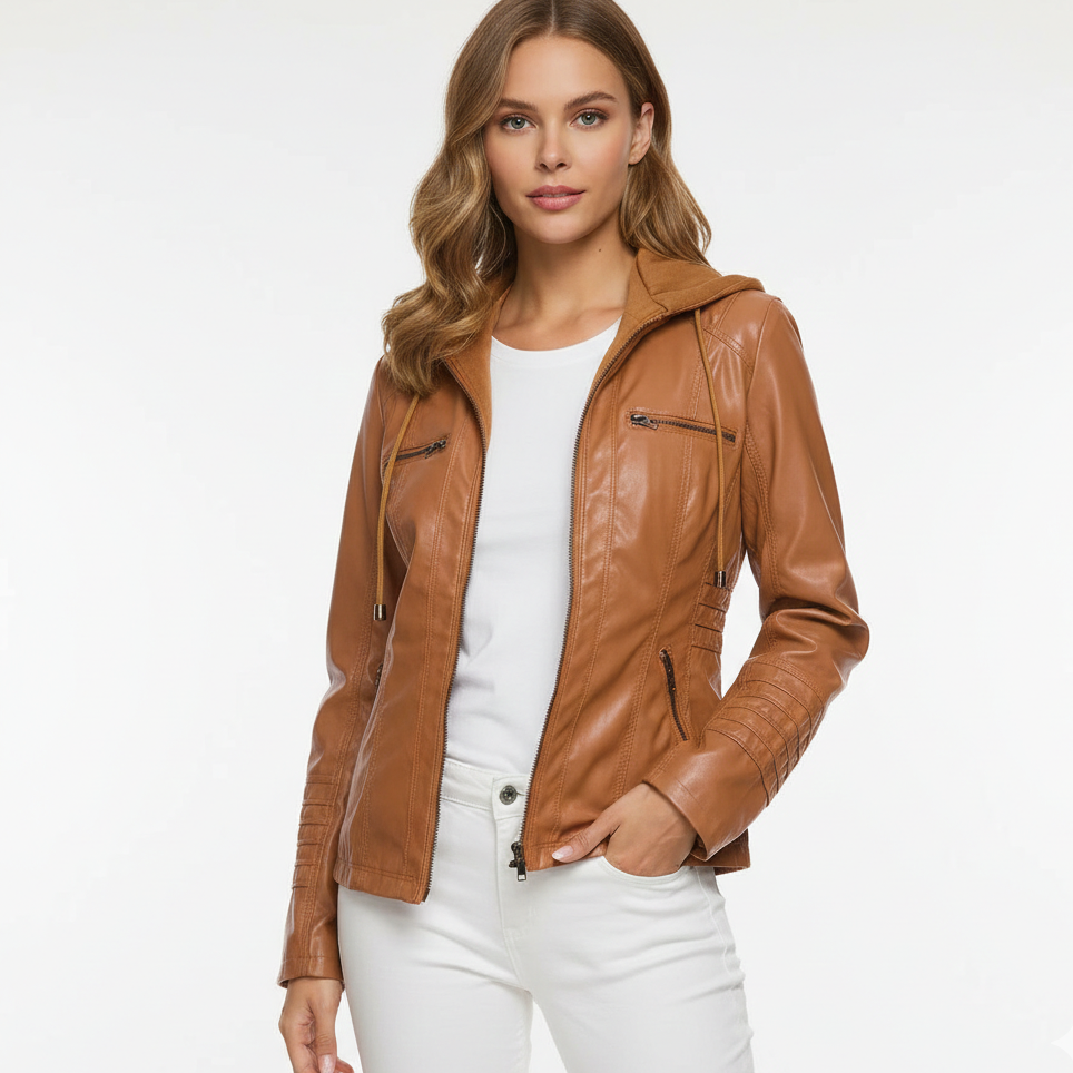 Ladies Hooded Faux Leather Jacket For Women