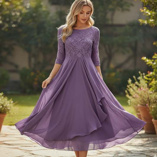 Elegant Flowy Women's Dress With Lace Bodice