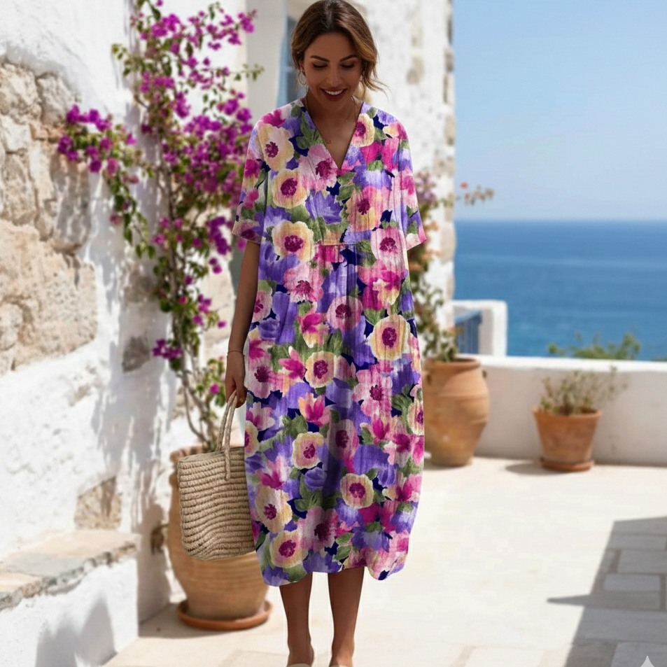 V Neck Floral Summer Midi Dress For Warm Weather