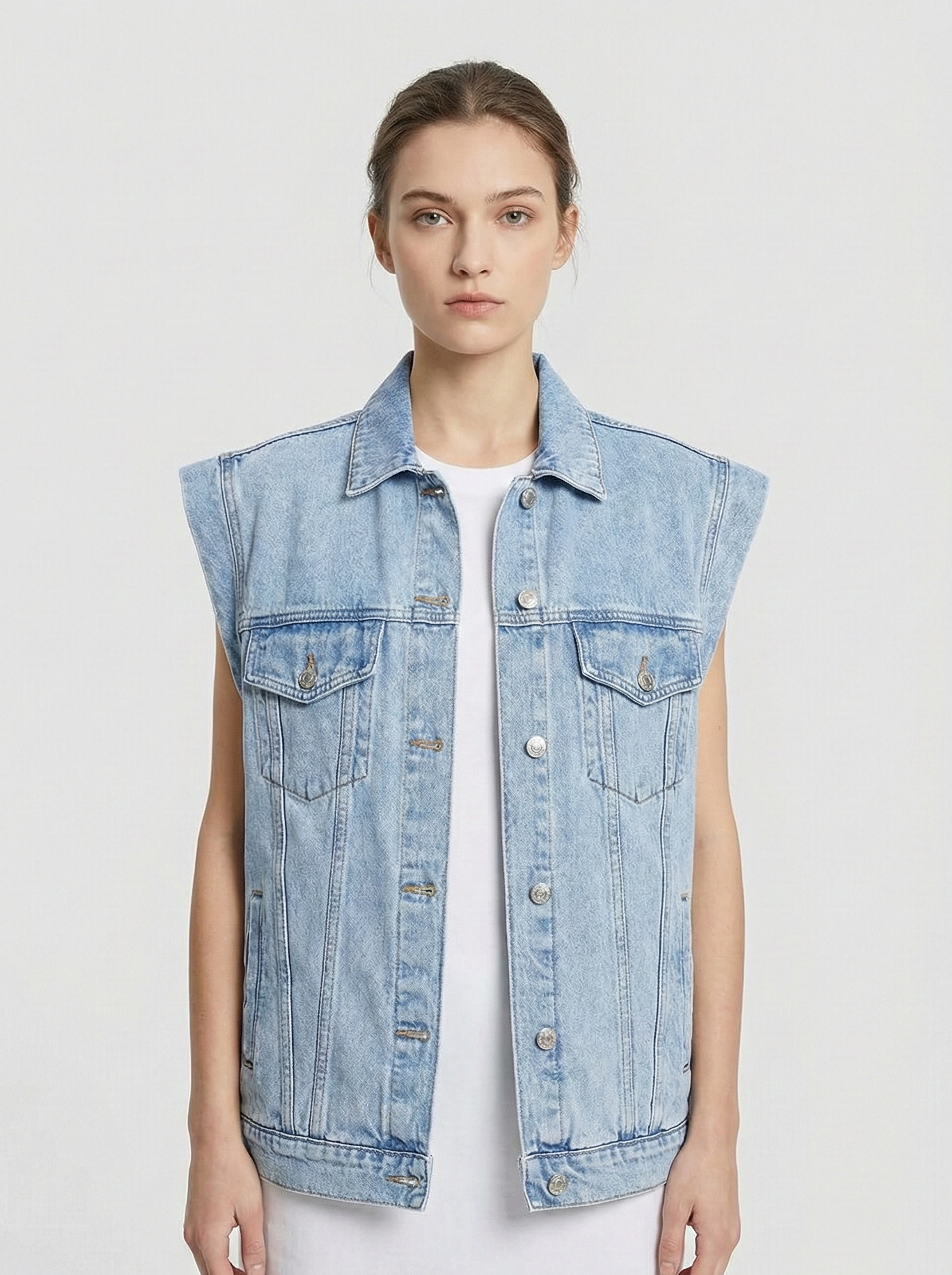 Sleeveless Denim Jacket with Classic Button Front