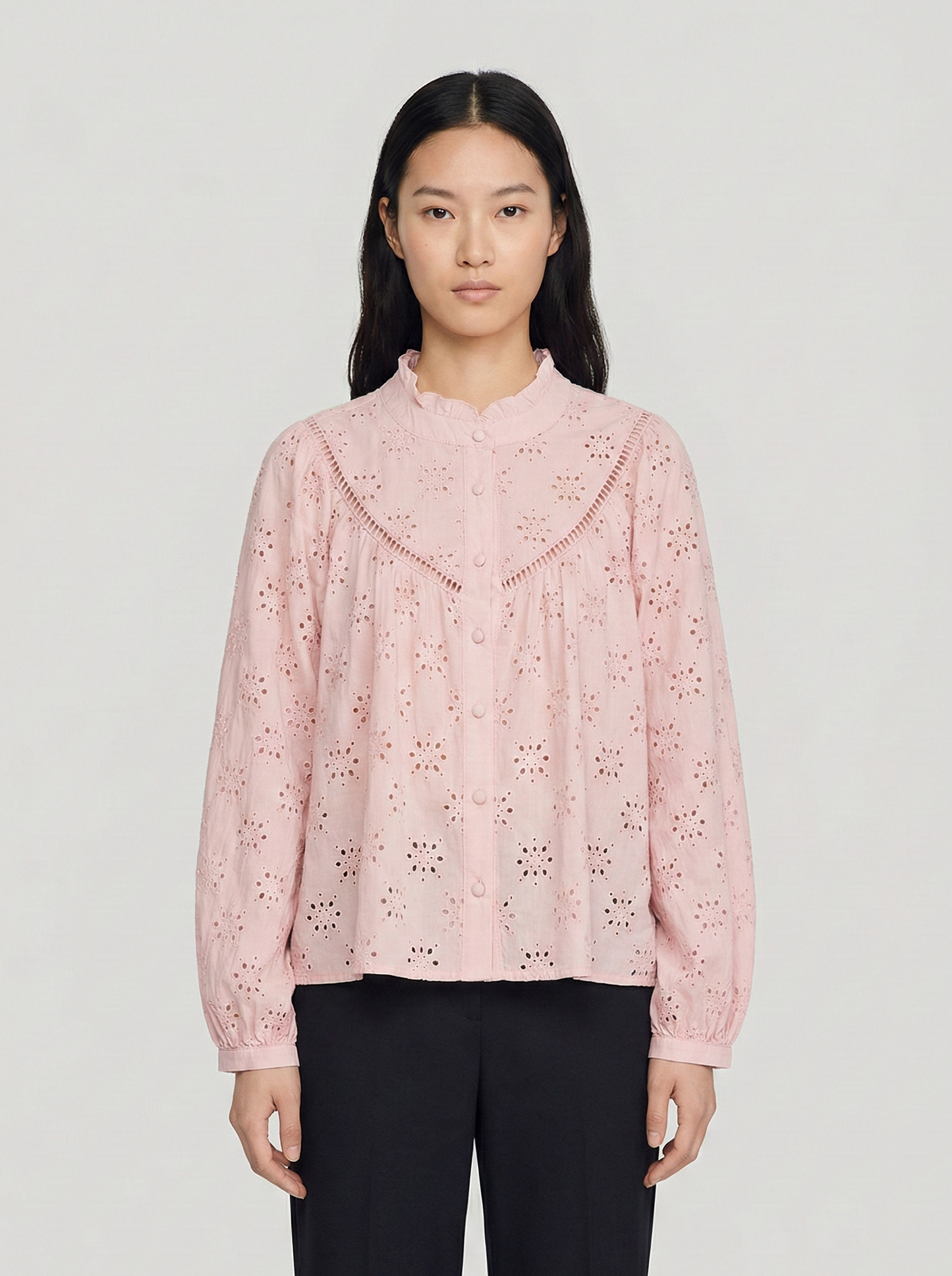Women's Romantic Broderie Anglaise Blouse with Ruffle Collar