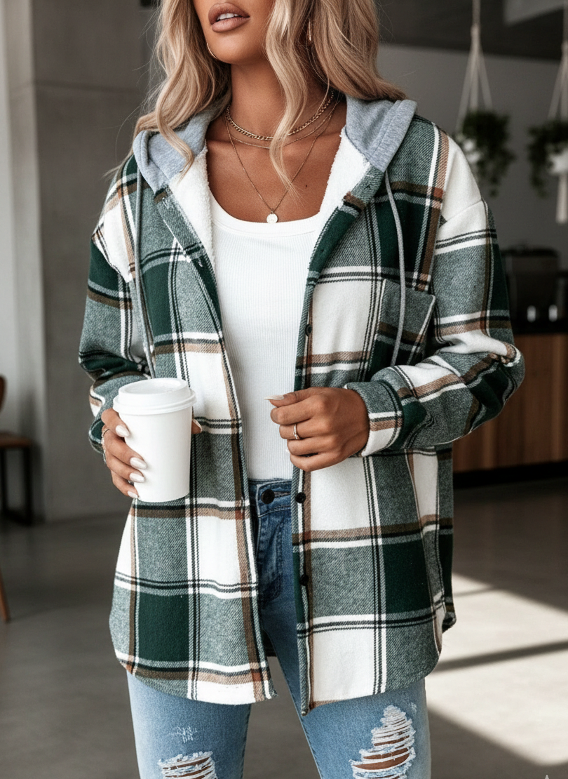 Plaid Hooded Shacket for Women in Neutral Tones