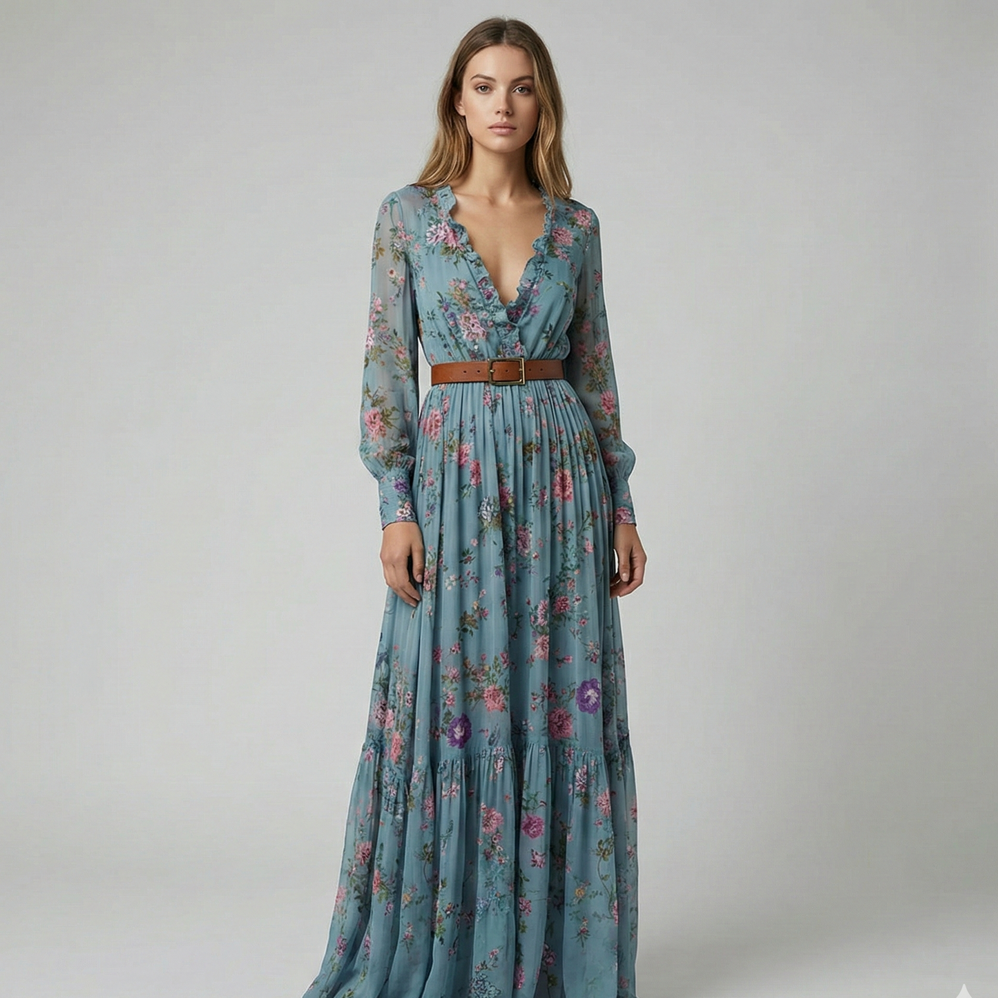 Boho Floral Print Maxi Dress With Long Sleeves