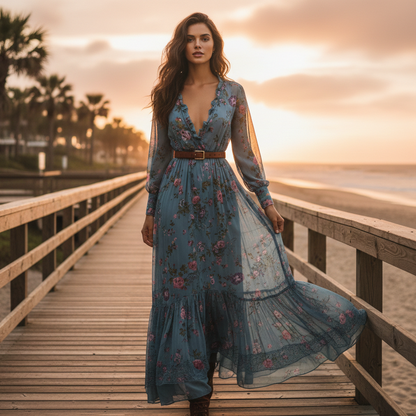 Abito lungo boho a stampa floreale con maniche lunghe
