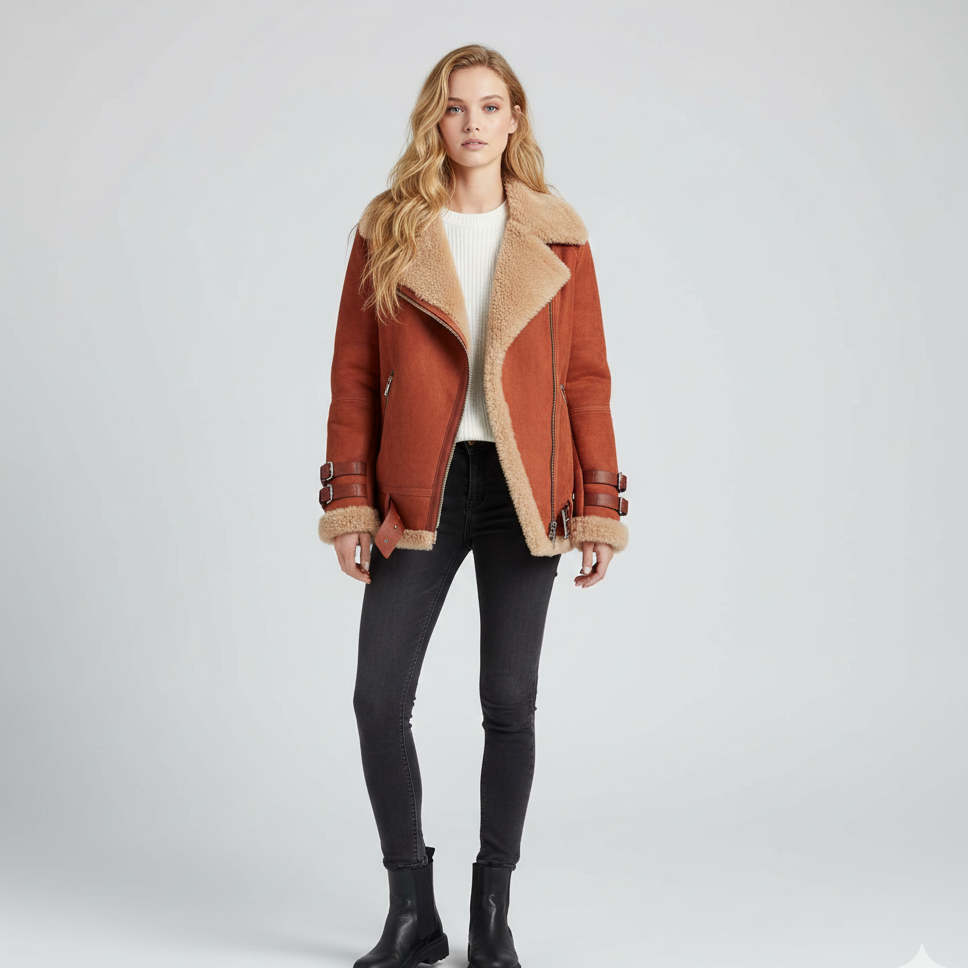 Women's Premium FauxSheepskin Jacket Belt Pockets