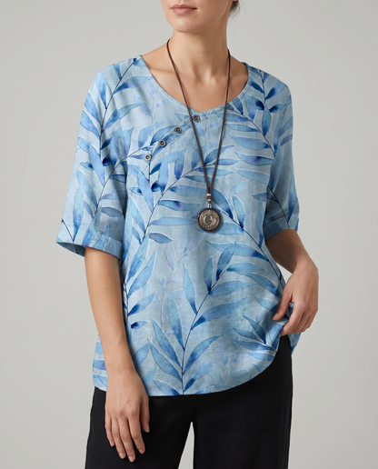 Luftige Bluse mit Blattmuster und Knopfleiste vorne