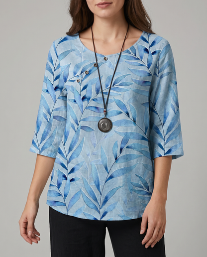 Luftige Bluse mit Blattmuster und Knopfleiste vorne
