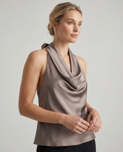 Draped Satin Halter Tank with Tie Detail
