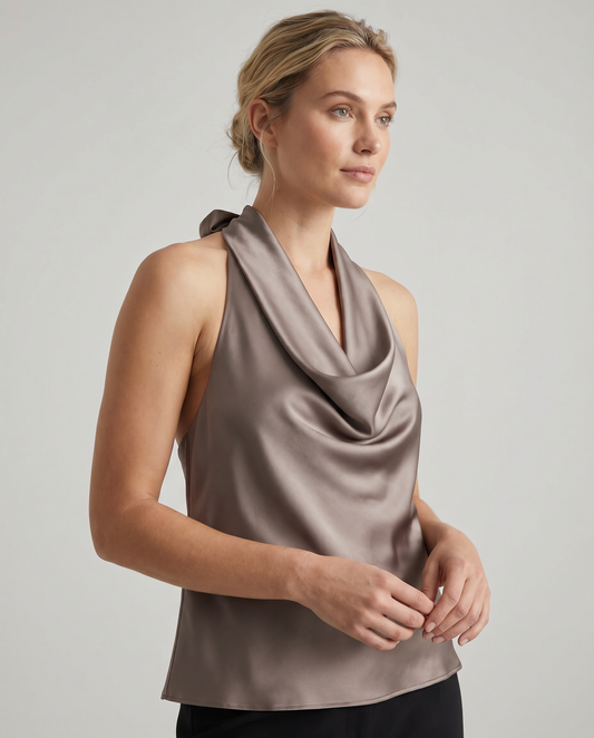 Draped Satin Halter Tank with Tie Detail