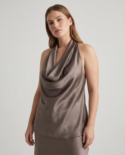 Canotta in raso drappeggiata con scollo halter e dettaglio con laccio