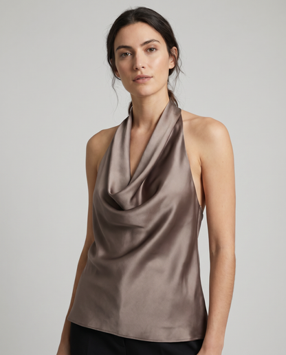 Canotta in raso drappeggiata con scollo halter e dettaglio con laccio