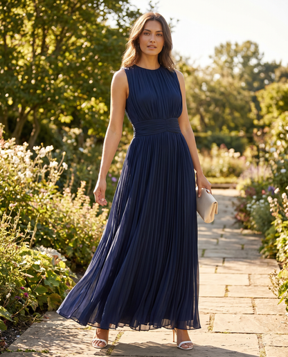 Abito maxi a linea A senza maniche in chiffon con scollo rotondo per invitata a matrimonio