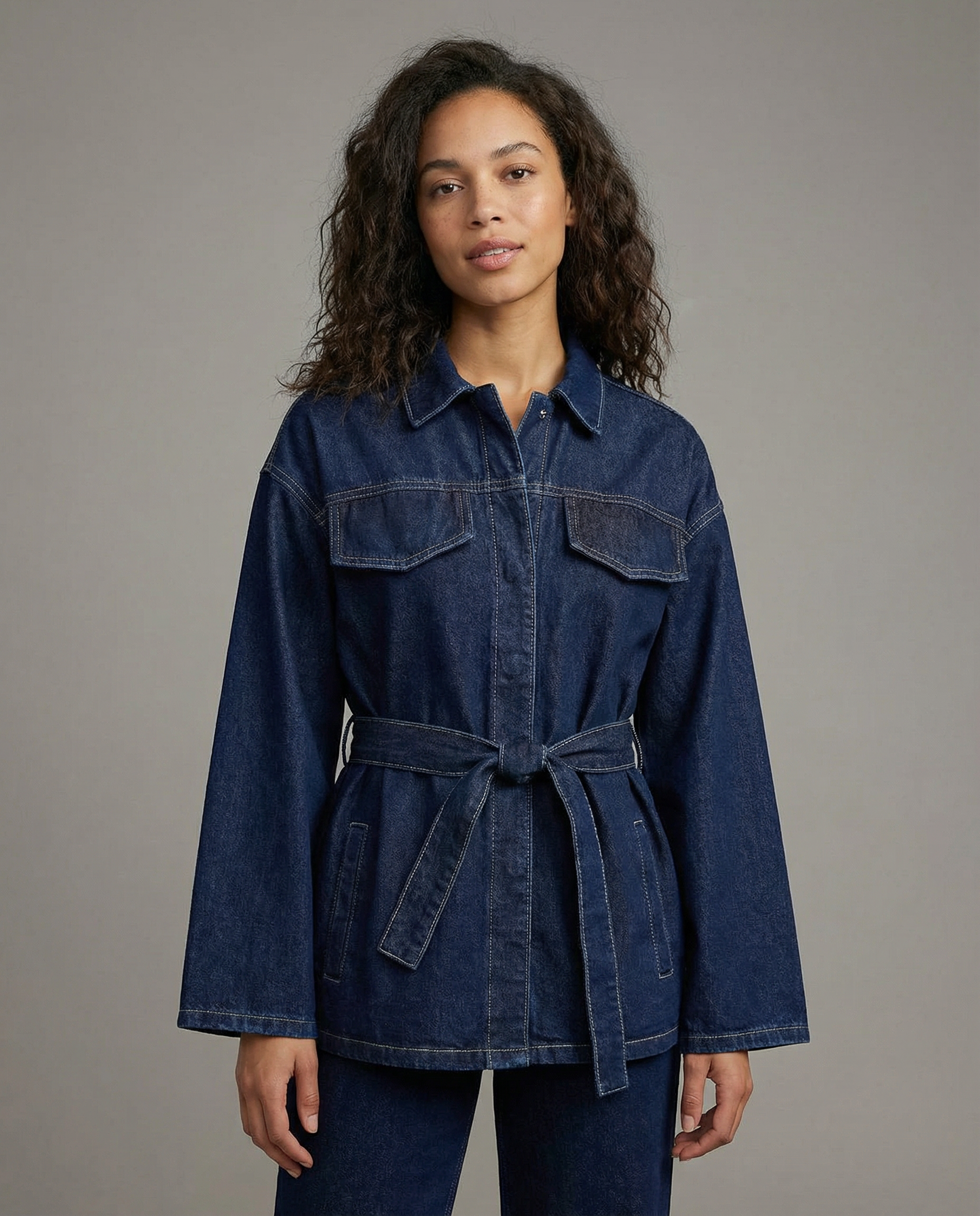 Denim Utility Jacket with Tie Belt