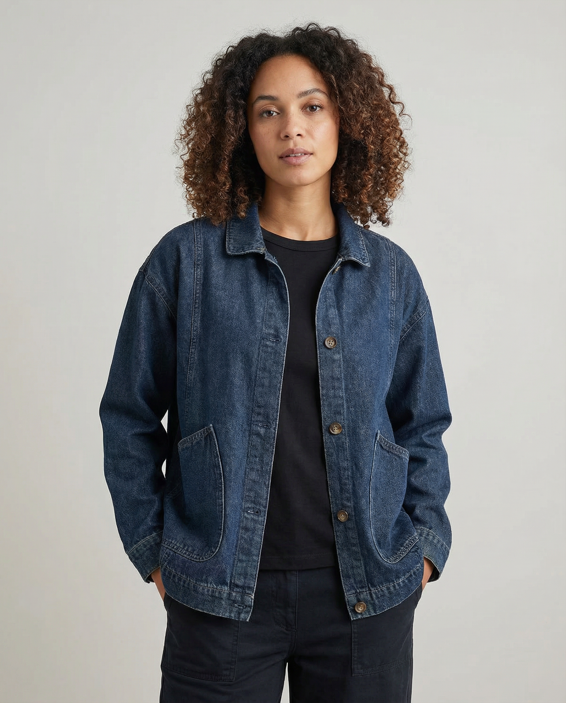 Oversized Denim Utility Jacket with Button Front